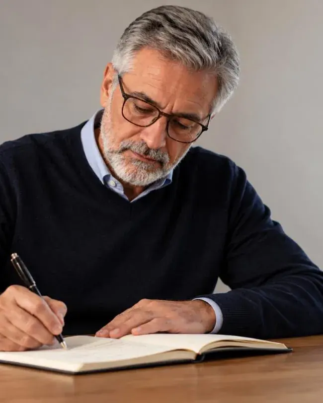 Senhor de óculos escrevendo num caderno